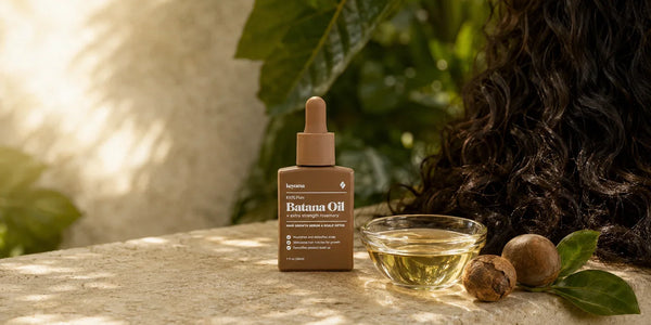 Keyoma Batana Oil beside kukui nuts, batana fruit, and a bowl of golden oil near curly hair