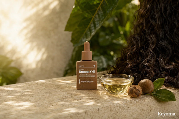 Keyoma Batana Oil beside kukui nuts, batana fruit, and a bowl of golden oil near curly hair