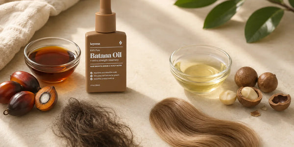 Keyoma Batana Oil compared with macadamia oil, batana fruit, macadamia nuts, and coarse and smooth hair swatches.