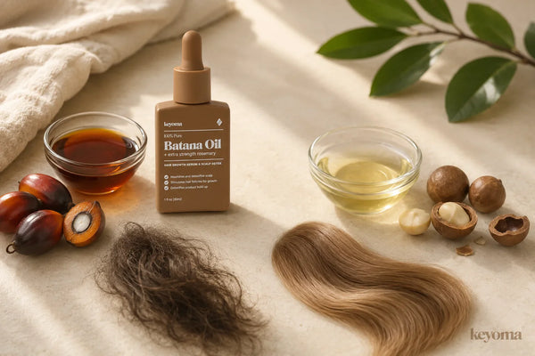Keyoma Batana Oil compared with macadamia oil, batana fruit, macadamia nuts, and coarse and smooth hair swatches.