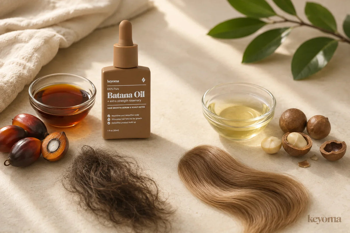 Keyoma Batana Oil compared with macadamia oil, batana fruit, macadamia nuts, and coarse and smooth hair swatches.