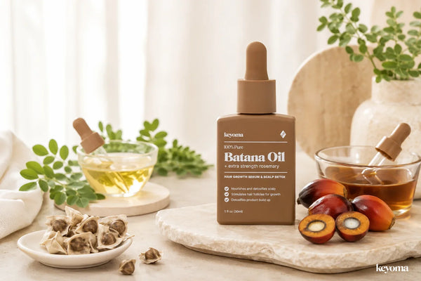 Keyoma Batana Oil bottle displayed with moringa leaves, botanical oils, and oil palm fruits for a batana versus moringa oil comparison.
