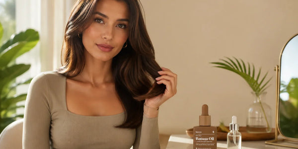 Woman with long, glossy brown hair beside bottles of batana oil and squalane.