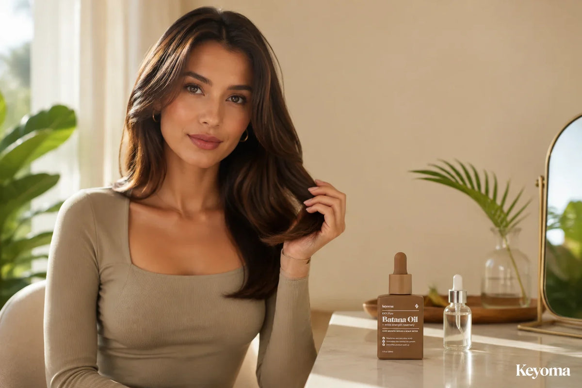 Woman with long, glossy brown hair beside bottles of batana oil and squalane.