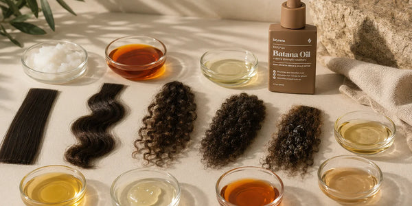 Glass dishes of hair oils, textured hair swatches, and Keyoma Batana Oil on a cream surface.