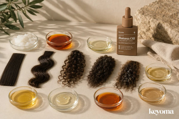 Glass dishes of hair oils, textured hair swatches, and Keyoma Batana Oil on a cream surface.