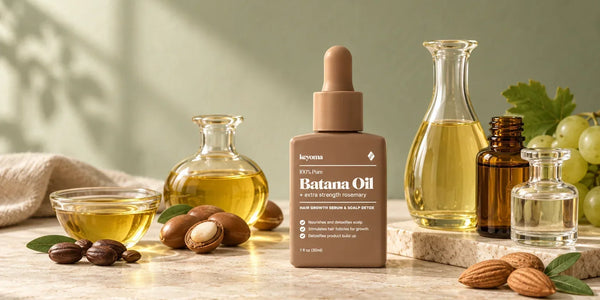 Keyoma Batana Oil displayed with lightweight hair oils, including argan, jojoba, grapeseed, squalane, and sweet almond oil.