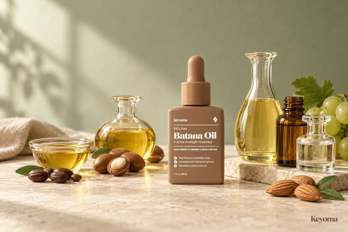 Keyoma Batana Oil displayed with lightweight hair oils, including argan, jojoba, grapeseed, squalane, and sweet almond oil.