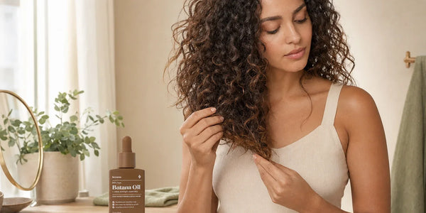 Woman examining the dry ends of her permed curls beside a bottle of Keyoma Batana Oil.