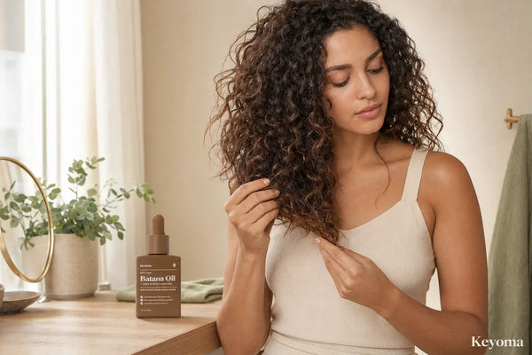 Woman examining the dry ends of her permed curls beside a bottle of Keyoma Batana Oil.