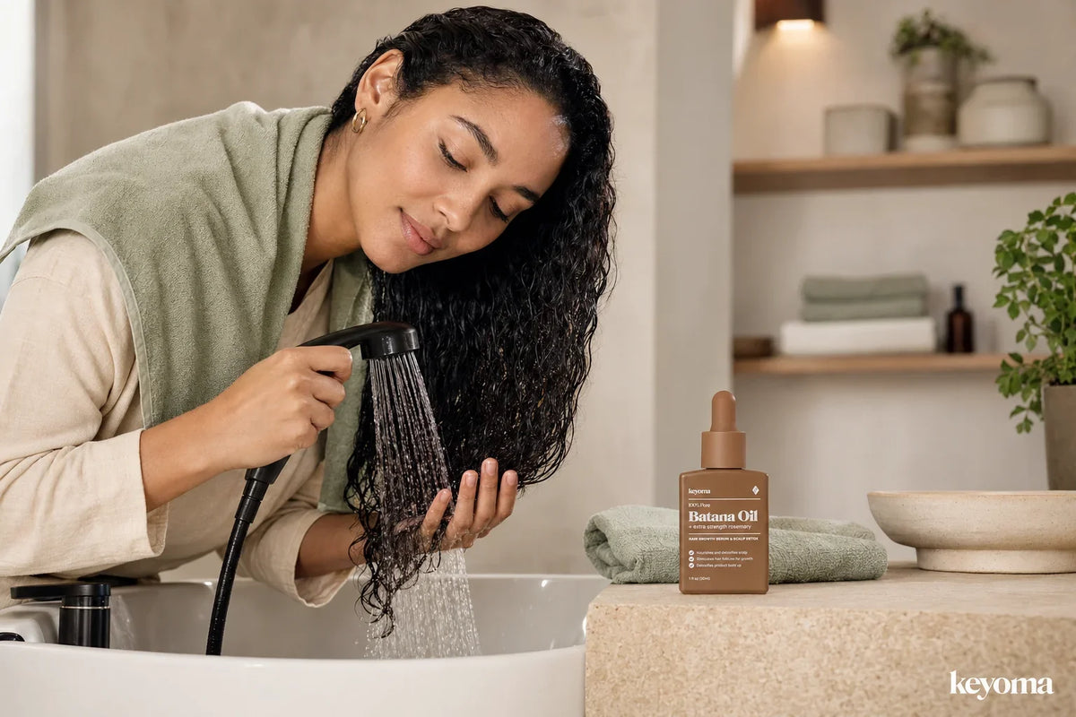Woman rinsing oil from her hair with lukewarm water beside a bottle of Keyoma Batana Oil.