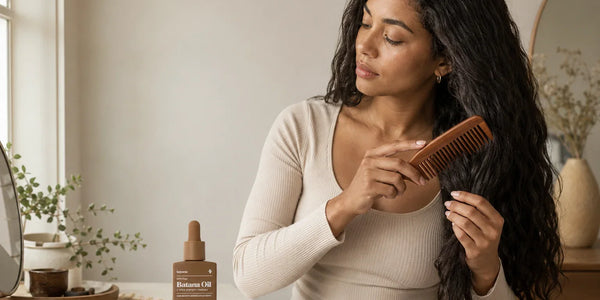 Woman gently detangling her hair before applying Keyoma Batana Oil.