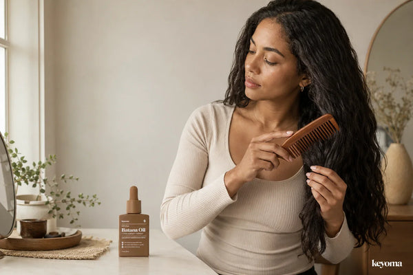 Woman gently detangling her hair before applying Keyoma Batana Oil.