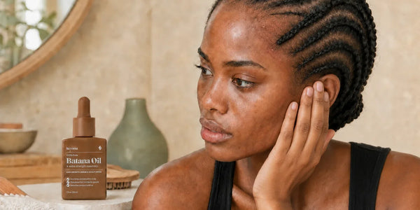Woman with braids examining scalp bumps near her hairline beside Keyoma Batana Oil.