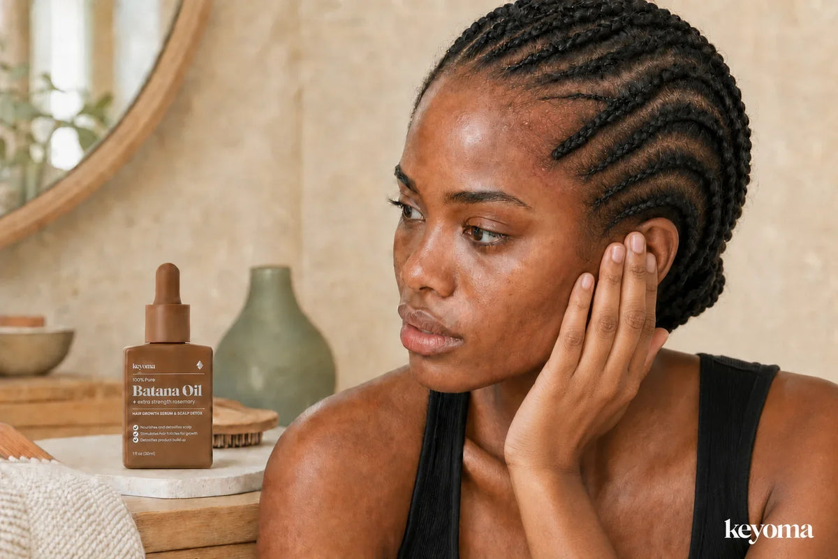 Woman with braids examining scalp bumps near her hairline beside Keyoma Batana Oil.