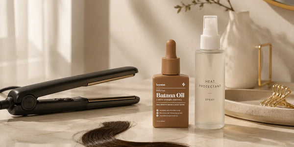 Keyoma Batana Oil beside a heat protectant spray and flat iron, illustrating whether hair oil can replace heat protectant.