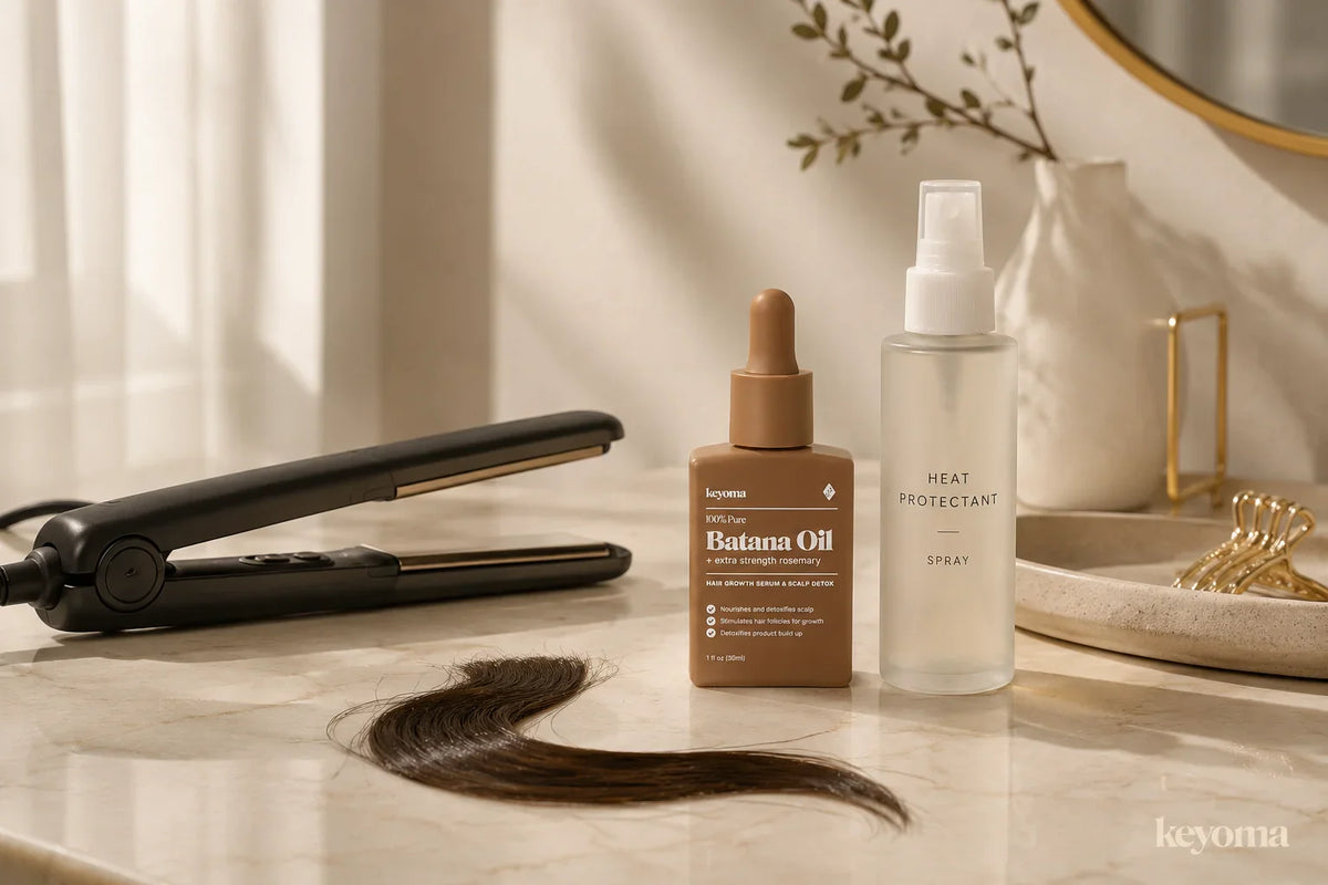 Keyoma Batana Oil beside a heat protectant spray and flat iron, illustrating whether hair oil can replace heat protectant.