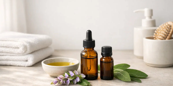 Essential oil dropper bottles with bowl of oil, towel, and brush on bathroom counter with Keyoma branding.