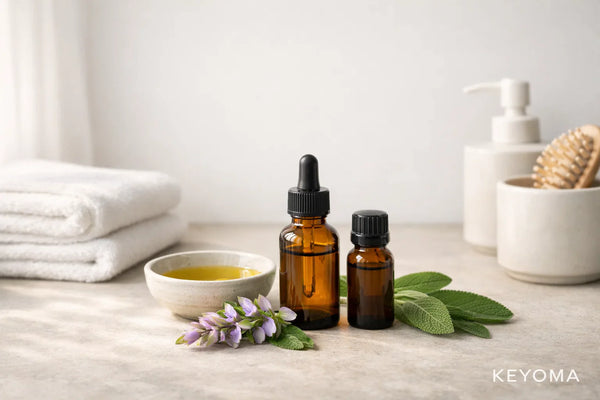 Essential oil dropper bottles with bowl of oil, towel, and brush on bathroom counter with Keyoma branding.
