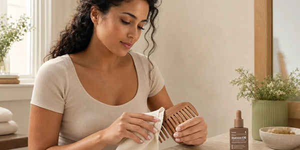 Woman gently wiping a wooden comb with a cloth beside a bottle of Keyoma Batana Oil.