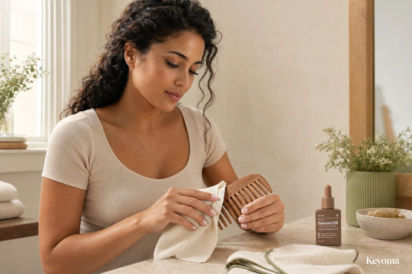 Woman gently wiping a wooden comb with a cloth beside a bottle of Keyoma Batana Oil.