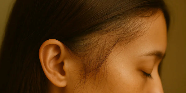 Close-up side view of a woman’s thinning hair near the temple, showing sparse strands and scalp detail