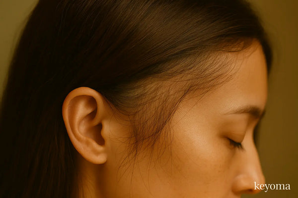 Close-up side view of a woman’s thinning hair near the temple, showing sparse strands and scalp detail