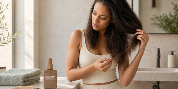 Woman examining her dry hair ends after deep conditioning with a Keyoma Batana Oil bottle nearby