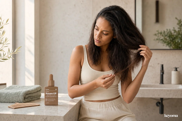 Woman examining her dry hair ends after deep conditioning with a Keyoma Batana Oil bottle nearby