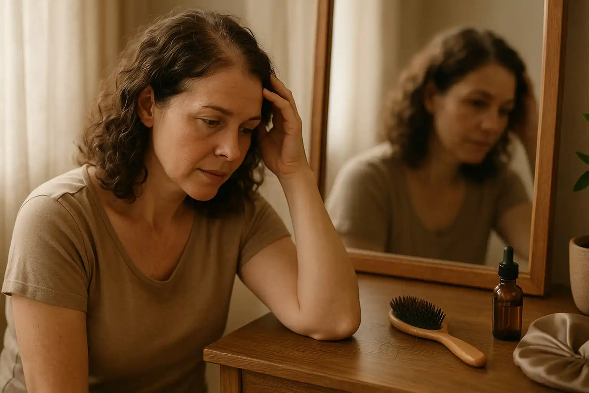 A Keyoma Health photo of a woman looking at her reflection while holding her scalp, with loose strands and a dropper bottle nearby, capturing the emotional weight of hair loss.