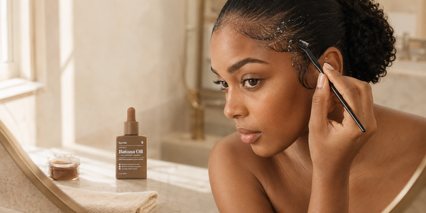 Woman examining styling product flakes along her hairline with an edge brush and Keyoma Batana Oil on the vanity.