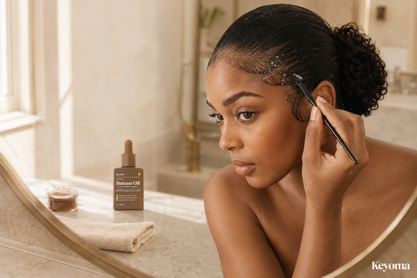 Woman examining styling product flakes along her hairline with an edge brush and Keyoma Batana Oil on the vanity.