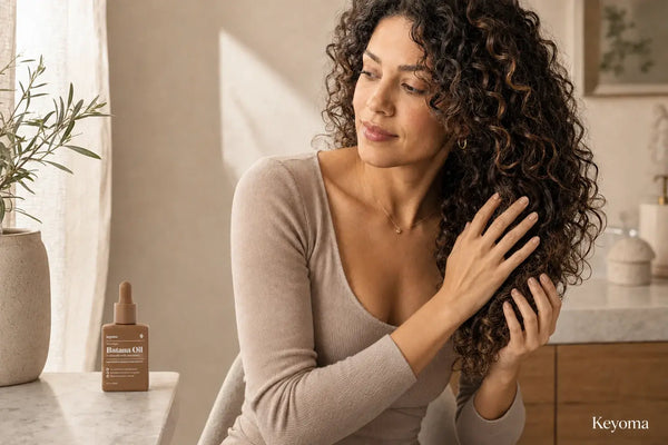 Woman examining dry curls after deep conditioning beside a bottle of Keyoma Batana Oil.