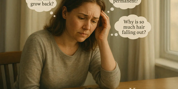 A woman looks down at a hairbrush full of shed hair, expressing concern about her hair loss. This scene captures the emotional impact of shedding, as featured by Keyoma.