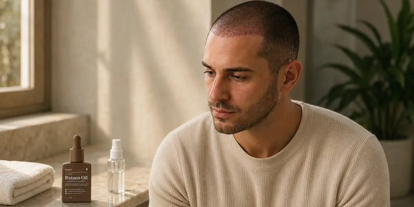 Man with a closely shaved scalp considering Keyoma Batana Oil after a hair transplant.