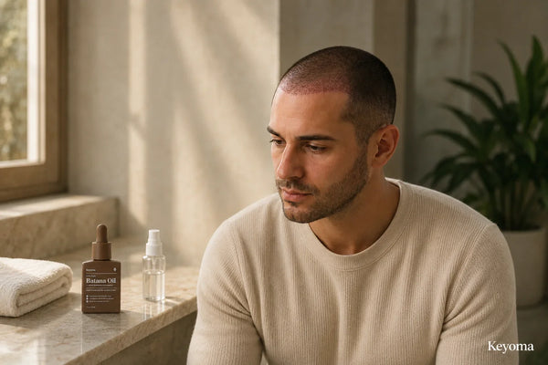 Man with a closely shaved scalp considering Keyoma Batana Oil after a hair transplant.