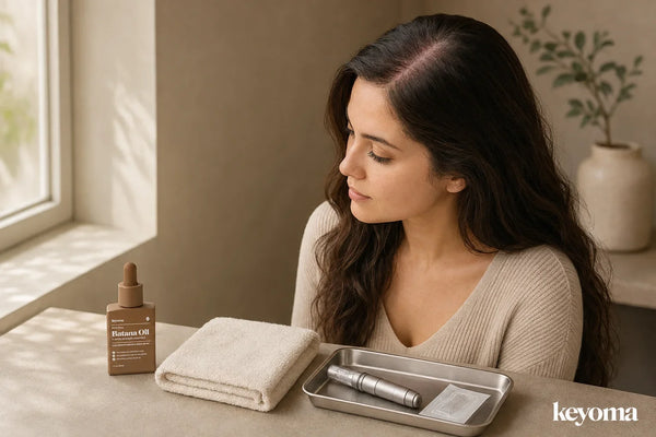 Woman considering Keyoma Batana Oil beside a scalp microneedling device and clean towel.