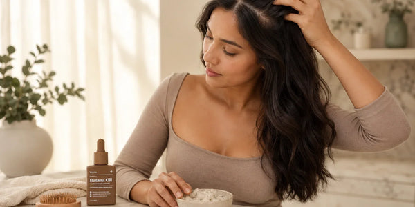 Woman checking her scalp beside a scrub brush, scalp scrub, and Keyoma Batana Oil.