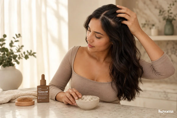 Woman checking her scalp beside a scrub brush, scalp scrub, and Keyoma Batana Oil.