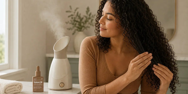 Woman applying hair oil to curly lengths beside a hair steamer and Keyoma Batana Oil.