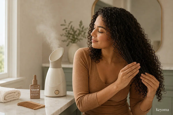 Woman applying hair oil to curly lengths beside a hair steamer and Keyoma Batana Oil.