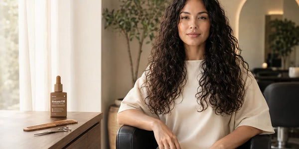 Woman with long curly hair seated in a salon beside a bottle of Keyoma Batana Oil, comb, and hair-cutting scissors.