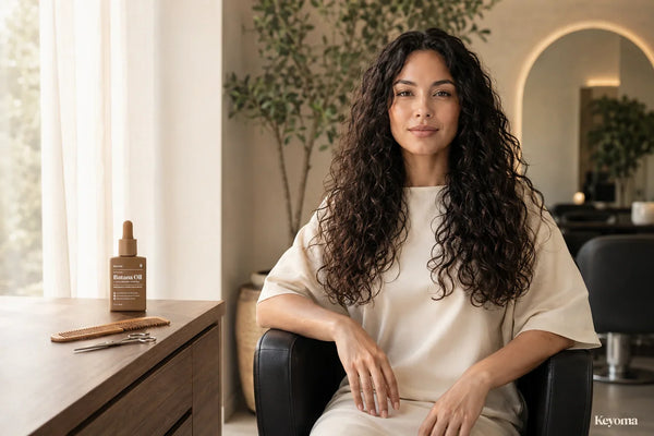 Woman with long curly hair seated in a salon beside a bottle of Keyoma Batana Oil, comb, and hair-cutting scissors.