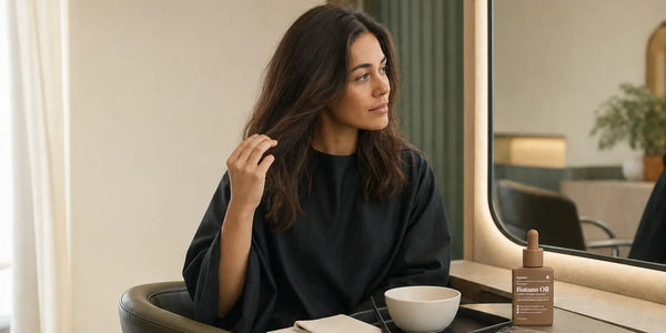 Woman preparing for a salon color appointment with Keyoma Batana Oil nearby.
