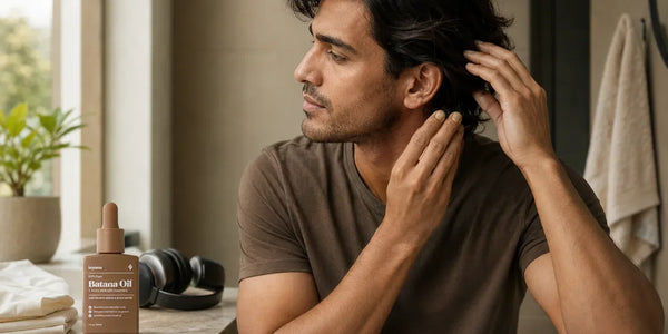 Man checking the skin around his ear and neck beside Keyoma Batana Oil, headphones, and a folded pillowcase.