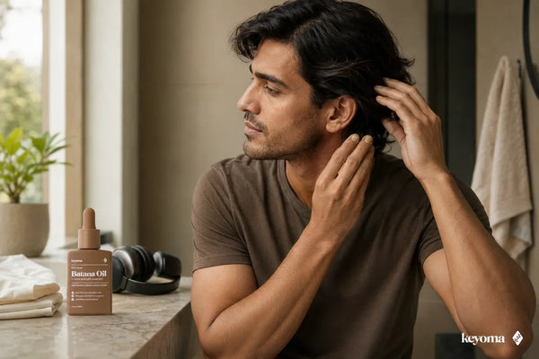 Man checking the skin around his ear and neck beside Keyoma Batana Oil, headphones, and a folded pillowcase.