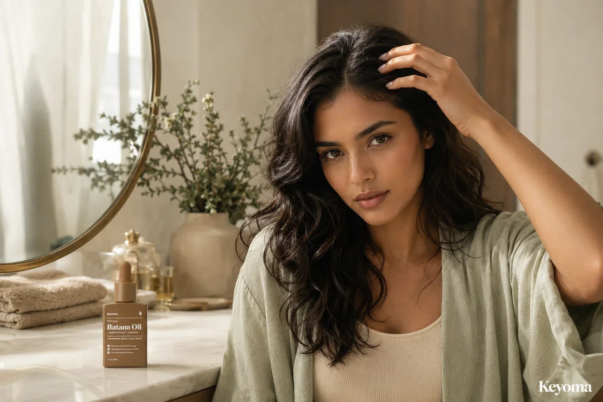 Woman touching her scalp beside a bottle of batana oil in a warm bathroom setting.