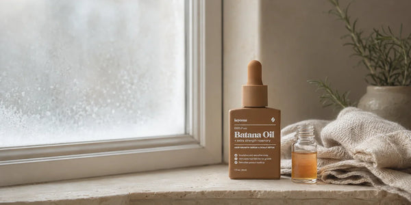 Keyoma Batana Oil and a small oil sample beside a cold, misted window illustrating winter temperature changes.