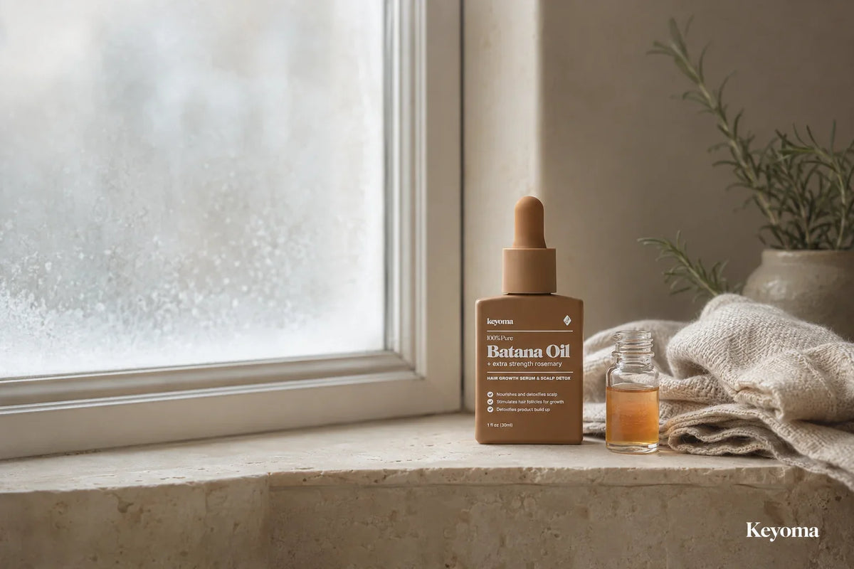 Keyoma Batana Oil and a small oil sample beside a cold, misted window illustrating winter temperature changes.