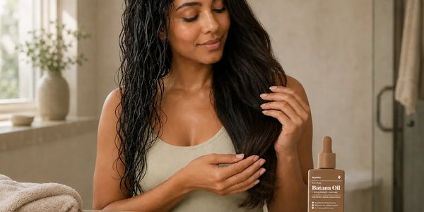 Woman comparing damp and dry sections of her curly hair beside a bottle of Keyoma Batana Oil.